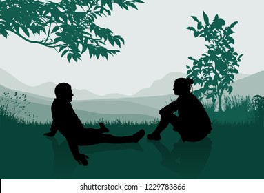 Vector silhouette of couple on the meadow with trees