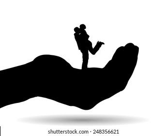 Vector silhouette of couple on palm on white background.