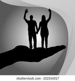 Vector silhouette of couple on palm on white background.