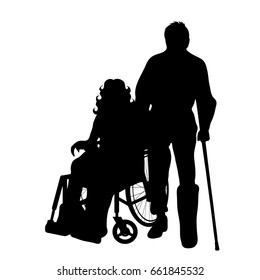 Vector silhouette of couple on wheelchair on white background.