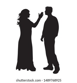 Vector silhouette of couple on white background. Symbol of wife, husband,violence, slap,aggression,conflict.