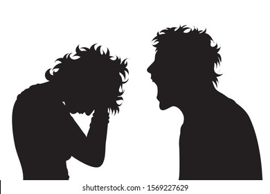 Vector silhouette of couple on white background. A man screaming on woman. A woman crying. Symbol, of anger, violence, screaming, ire, venom, bullying, tyrannical.