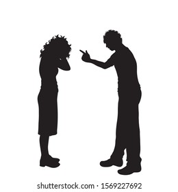 Vector silhouette of couple on white background. A man screaming on woman. A woman crying. Symbol, of anger, violence, screaming, ire, venom, bullying, tyrannical.