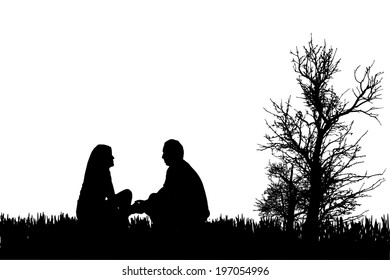 Vector silhouette of couple on a white background.