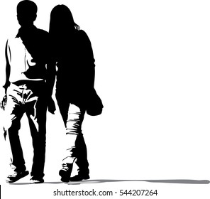 Vector silhouette of a couple on a white background, Romantic travel vacation. Joyful male and female couple lovers walking 