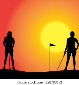 Vector silhouette of couple playing golf at sunset.
