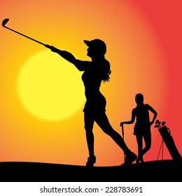 Vector silhouette of couple playing golf at sunset.