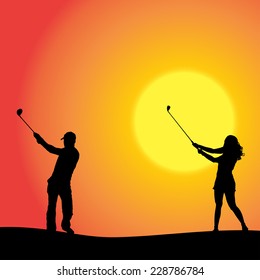 Vector silhouette of couple playing golf at sunset.