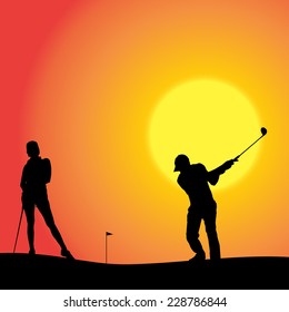 Vector silhouette of couple playing golf at sunset.