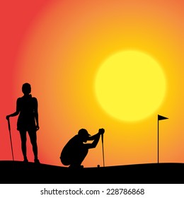 Vector silhouette of couple playing golf at sunset.