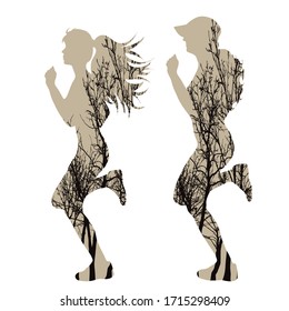 Vector silhouette of couple of running women with trees on background. Symbol of sport.
