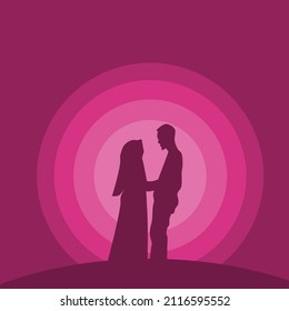 Vector of the silhouette of a couple standing on the hill against moonlight in the night sky. The illustration is blank with copy space for text and images.