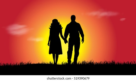 Vector silhouette of a couple at sunset.