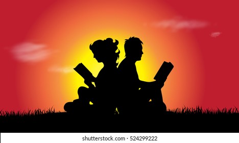 Vector silhouette of a couple at sunset.