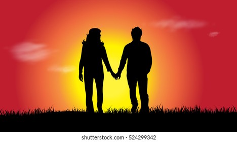 Vector silhouette of a couple at sunset.