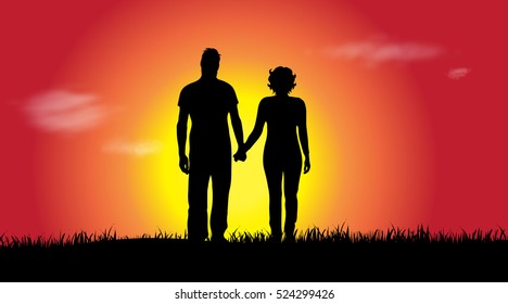 Vector silhouette of a couple at sunset.