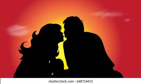 Vector silhouette of couple at sunset.