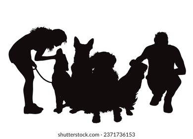 Vector silhouette of couple with their group of dogs on white background. Symbol of pet and canine.
