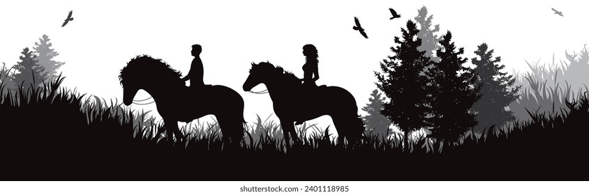 Vector silhouette of couple with their horses in park. Symbol of nature and horse riding.