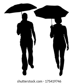 Vector silhouette of couple with umbrellas on white background.