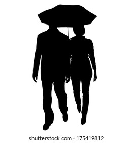 Vector silhouette of couple with umbrellas on white background.