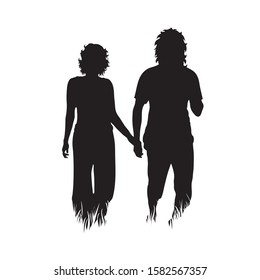 Vector silhouette of couple walking in the grass on white background. Symbol of girl, boy, wife, husband, walk, sport, people, nature, park.