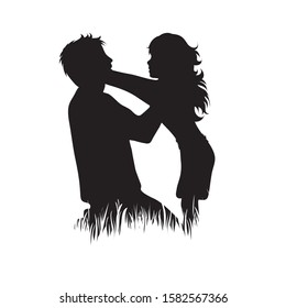 Vector silhouette of couple walking in the grass on white background. Symbol of girl, boy, wife, husband, walk, sport, people, nature, park.