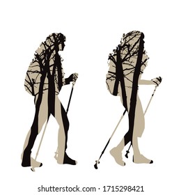 Vector silhouette of couple of walking women with trees on background. Symbol of sport.