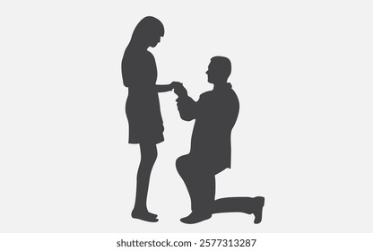 Vector silhouette of a couple, where a man makes a marriage proposal. Flat style.