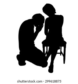 Vector silhouette of couple who argue against a white background.