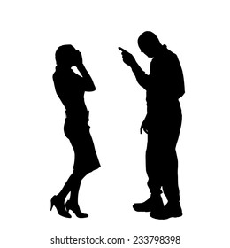 Vector silhouette of a couple who is arguing on a white background.