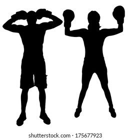 Vector silhouette of couple who boxes on a white background.