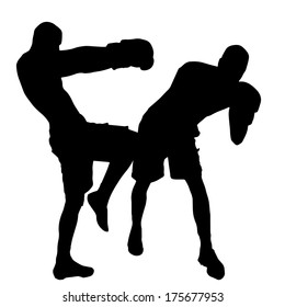 Vector silhouette of couple who boxes on a white background.