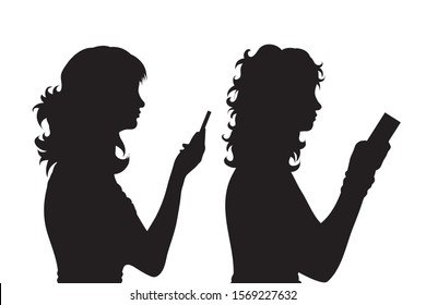 Vector silhouette of couple who call with cell phone on white background. Symbol, of mobile, phone, telephone, speak, talk, communication, cellular.