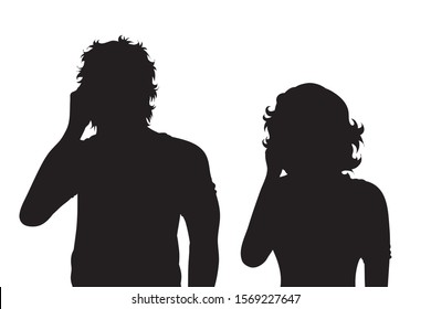 Vector silhouette of couple who call with cell phone on white background. Symbol, of mobile, phone, telephone, speak, talk, communication, cellular.
