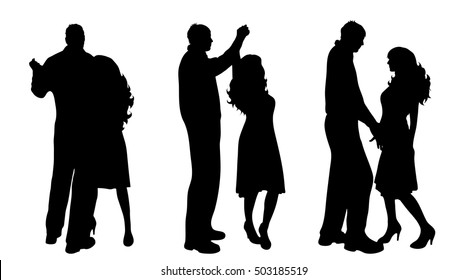 Vector silhouette of couple who dances on white background.