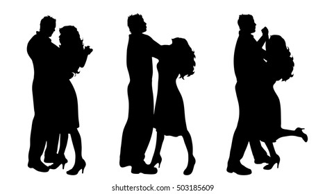 Vector silhouette of couple who dances on white background.