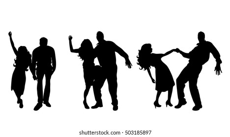 Vector silhouette of couple who dances on white background.