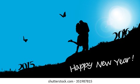 Vector silhouette of a couple who goes for the new year.