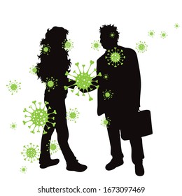 Vector silhouette of couple who is handshake spreading bacteria on white background. Symbol of disease and coronavirus.