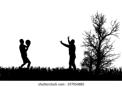 Vector silhouette of couple who play with balloon.