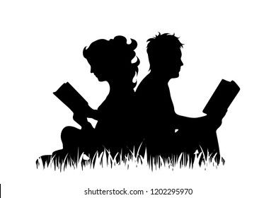Vector silhouette of couple who read book on the grass on white background.