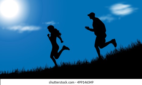 Vector silhouette of couple who run at sunny day.