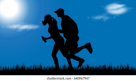 Vector silhouette of couple who run in nature.