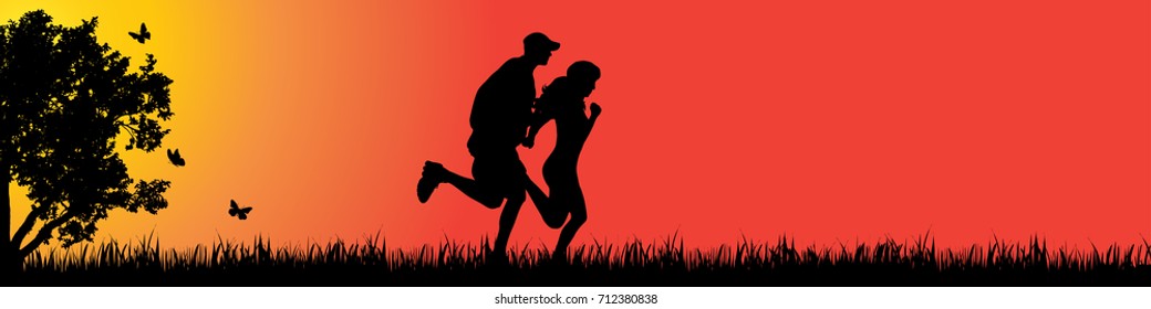 Vector silhouette of couple who run in nature at sunset.
