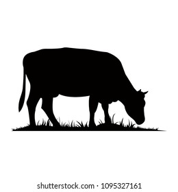 Vector silhouette of the cow. Farm animal on the grass of the pasture.