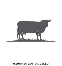 Vector silhouette of cow. Farm logo design template. cattle icon on the grass. Black angus logo design template. Animal pictogram. Vector illustration