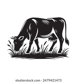 Vector Silhouette of a Cow Grazing on Grass