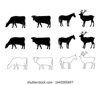 Vector silhouette of cow horse and deer. set of modern drawing isolated on white background. For packaging, logo or icon design.