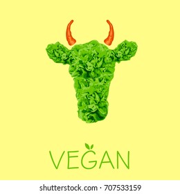 Vector silhouette of cow with inscription go vegan on white background.